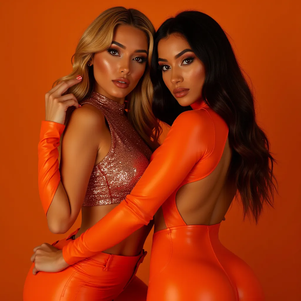 A high-resolution digital image of two stunning women standing side by side in fiery orange leather outfits, exuding contrasting yet complementary sensuality. The woman on the left is a Latina bombshell with long, golden blonde curls, a playful yet seducti...