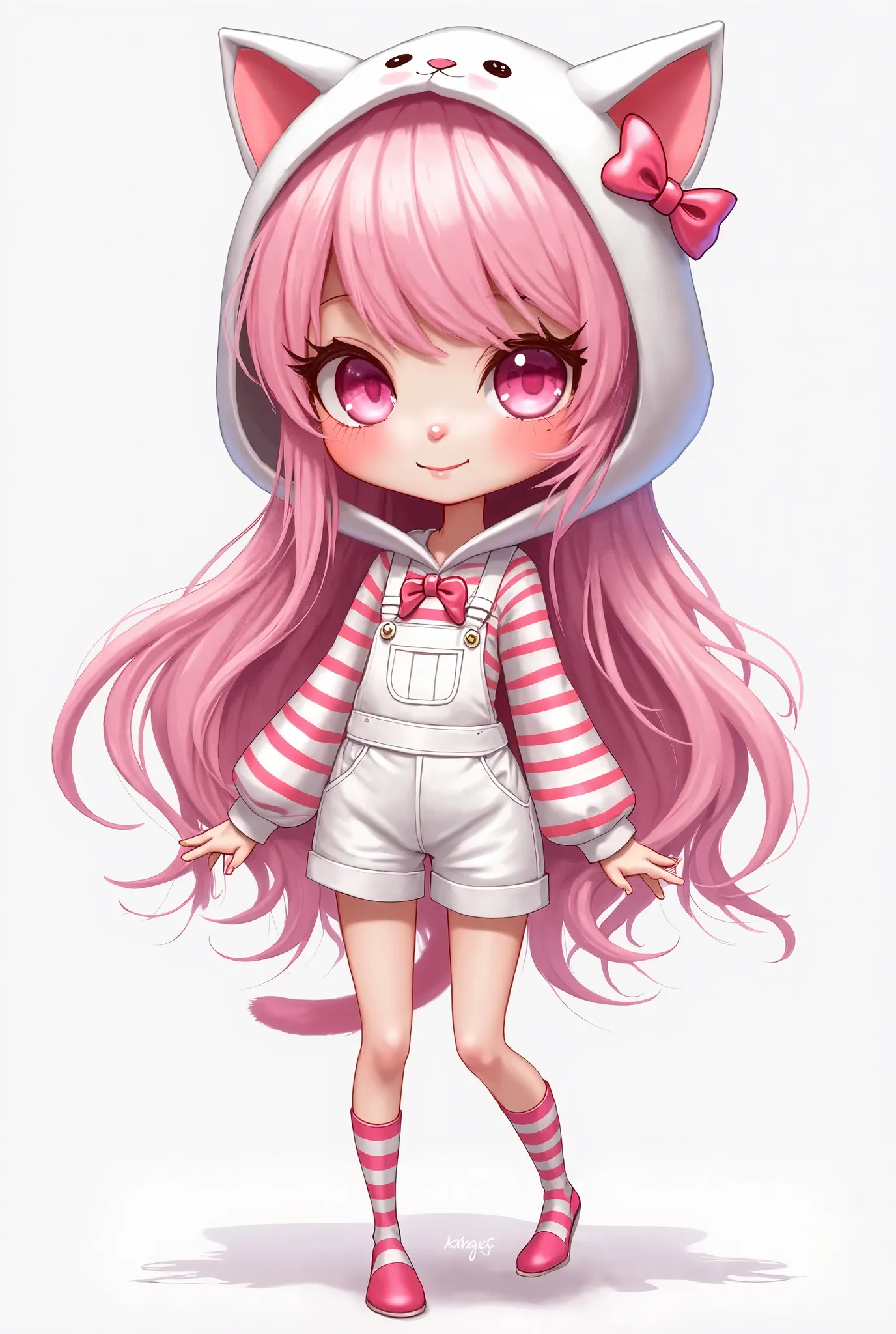 pale skinned female character, pink eyes, white cat hood with pink bow, pink and white striped long sleeve shirt, Long pink hair, white overalls, white shorts, pink and white striped socks, 2D caricature style
