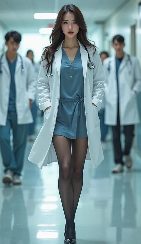 ( HD ), (8k), ( very well detailed), ( photos:1.3), (beautifully detailed eyes), ( top quality ), ( from above),  thin waist , ( anatomically accurate )),(  curvaceous ),,( shiny skin:1.3),((A young, beautiful, slim female doctor in a white coat walks down...