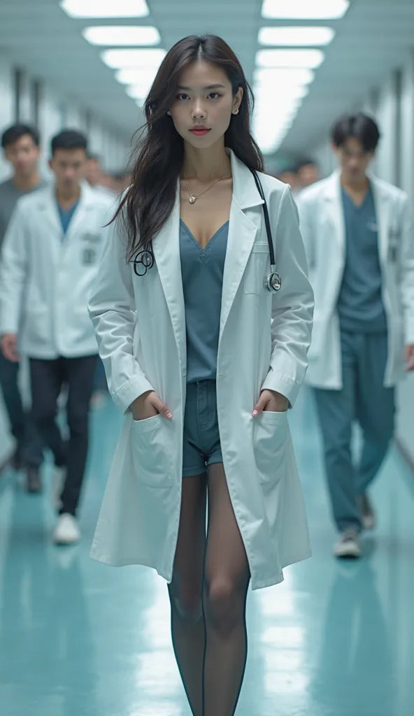 ( HD ), (8k), ( very well detailed), ( photos:1.3), (beautifully detailed eyes), ( top quality ), ( from above),  thin waist , ( anatomically accurate )),(  curvaceous ),,( shiny skin:1.3),((A young, beautiful, slim female doctor in a white coat walks down...