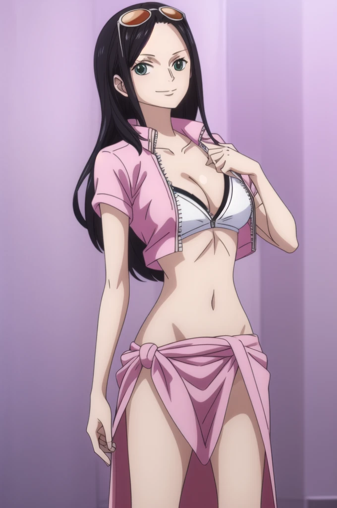 n1corobin, 1girl, solo, Long Straight Hair, simple purple background
t1meskip-outfit, eyewear on head, midriff,  cleavage, partially unzipped, cropped jacket, sarong, short sleeves, 
standing, looking at viewer, thighs, smile,