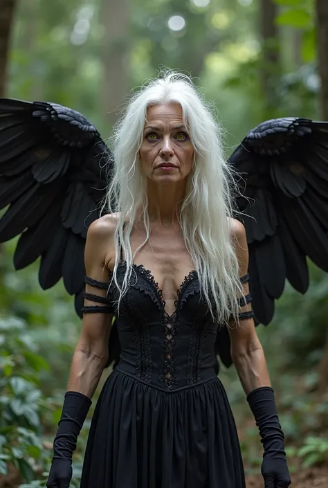  Brunette woman, 80 years,  long white hair, messy ,  shredded, Disheveled.  big yellow eyes , wide open. Crow's Eyes. Thick white eyebrows.  white underarm hair . thin nose, Long and tight. Open arms turning into crow wings. Woman turning into a raven. ne...