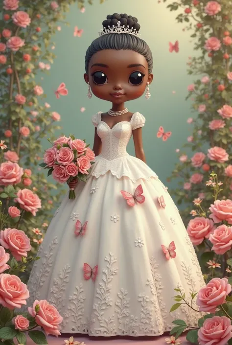 3D funko pop illustration with no mouth and a skinny thin waist black woman,
Without bald black hair with a thin tiara.  white princess-style dress With a voluminous skirt and a marked waist, this model provides a romantic and feminine look.
The bodice fit...