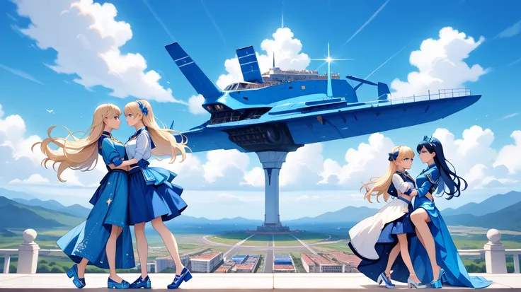 4girls, full body, dark blue long hair, sky blue eyes, standing upright, bare legs, light skin, sky blue shirts, sky blue skirts, sky blue gloves, sky blue hats, sky blue platform shoes, masterpiece, best quality,amazing quality