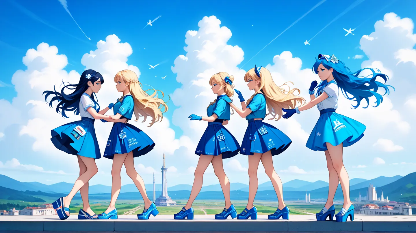 4girls, full body, dark blue long hair, sky blue eyes, standing upright, bare legs, light skin, sky blue shirts, sky blue skirts, sky blue gloves, sky blue hats, sky blue platform shoes, masterpiece, best quality,amazing quality