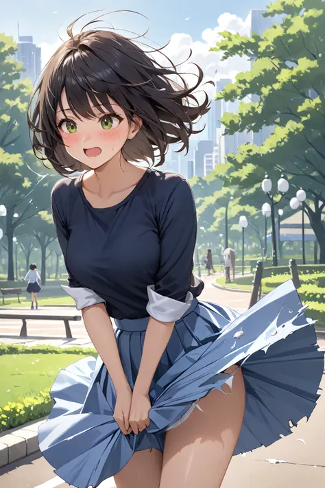 (and the skirt rolled up due to a sudden gust of wind、I grabbed the skirt with both hands in a hurry、Woman trying to press it against her thigh)
look embarrassed by something so small、
wind-torn、 bob hair、
fluffy knee-length skirt(not damaged)、in a city ne...