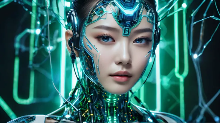 Visual Representation of Artificial Intelligence (AI).   This image、it is、It depicts futuristic humanoid figures with elements of cybernetics and technology integrated into the design.。.  in the background 、it has a lattice-like structure of neural network...