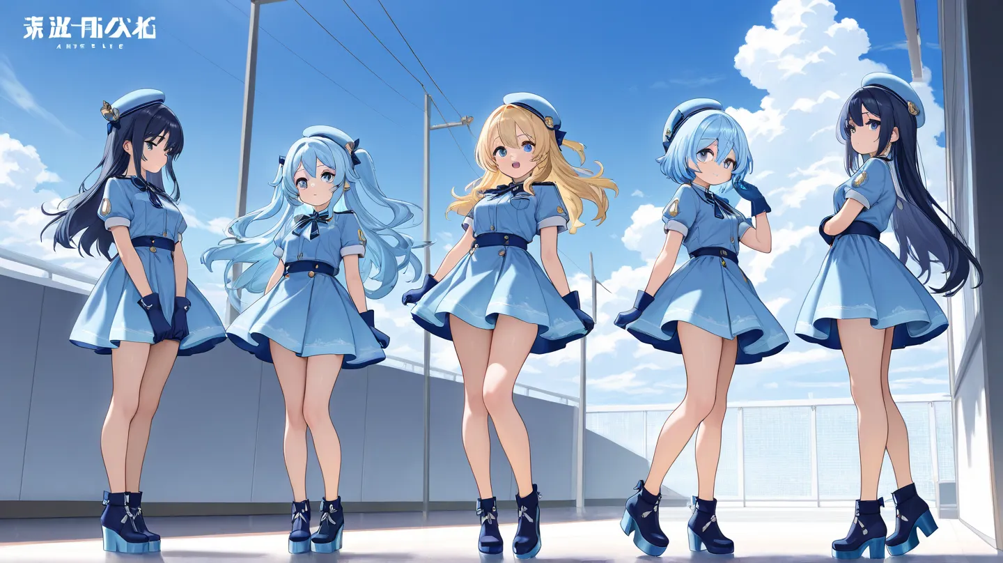 4girls, full body, dark blue long hair, sky blue eyes, standing upright, bare legs, light skin, sky blue shirts, sky blue skirts, sky blue gloves, sky blue hats, sky blue platform shoes, masterpiece, best quality,amazing quality