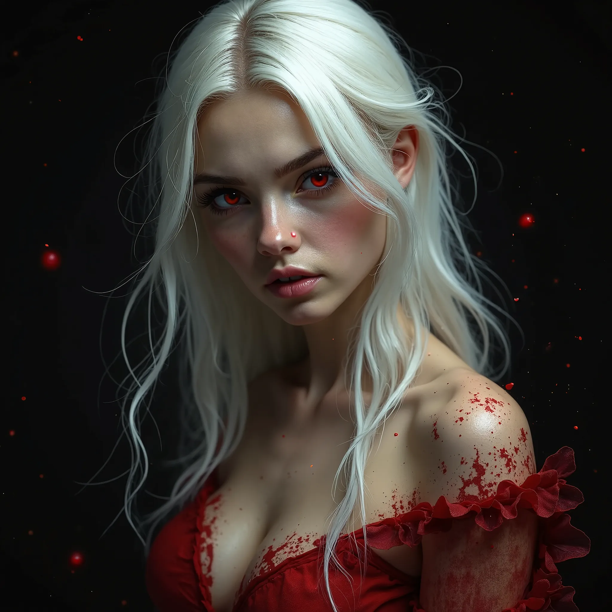 ((masterpiece,best quality)),1girl,beautiful detailed eyes, detailed face, (full body:1.2), white long hair, red eyes,small sized breasts, (black background:1.2), bloody particles, shaded face 