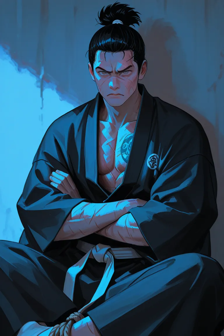 Solo Karate fighter man, sitting, black hair tied up, Gray eyes, and a tattoo on his chest, with his kimono open, and some scars on his face, the mood is right, serious expression, cold colors, black kimono, Arms crossed 