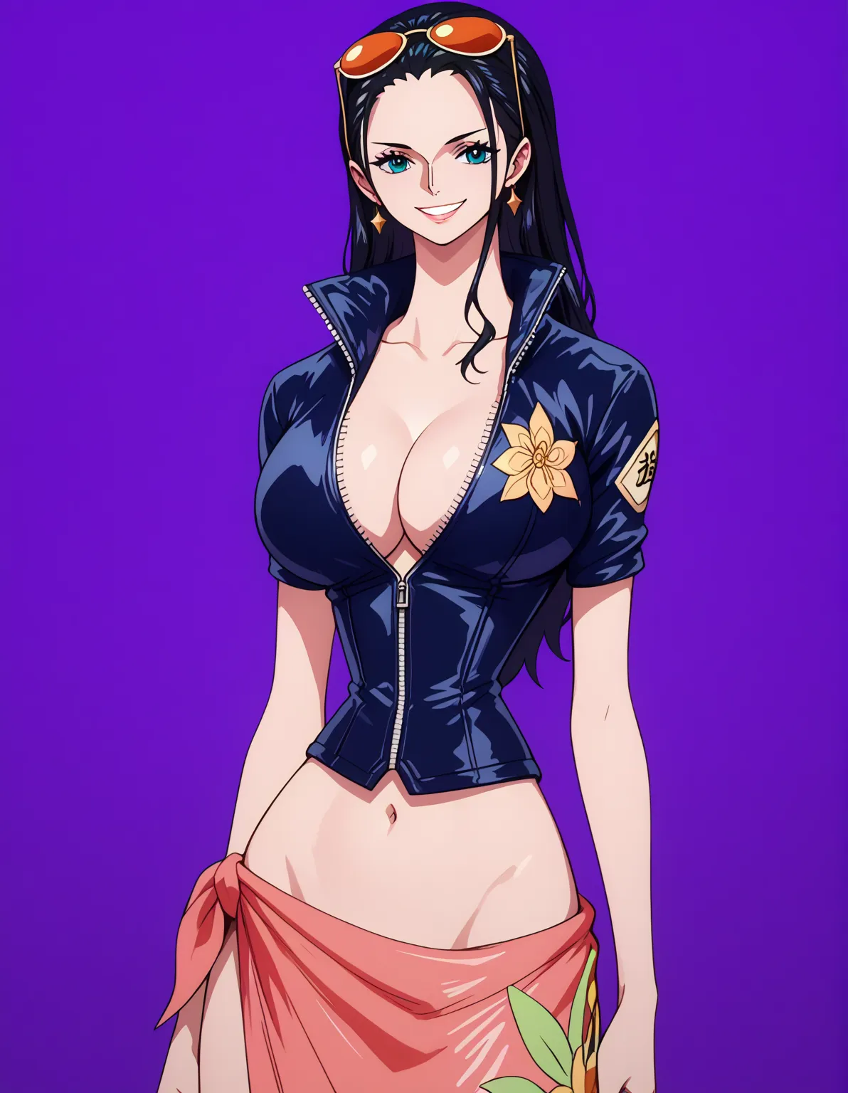 n1corobin, 1girl, solo, Long Straight Hair, Big Breasts, simple purple background
t1meskip-outfit, eyewear on head, midriff,  cleavage, partially unzipped, cropped jacket, sarong, short sleeves, earrings, 
standing, looking at viewer, thighs, smile,