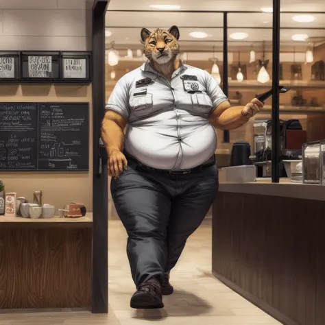 1 adult, male puma, he's fat, has a massive butt (bigger), fat arms and legs, is wearing a security uniform, pants, the puma is standing inside of a coffee store, is walking