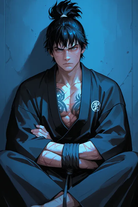 Solo Karate fighter man, sitting, black hair tied up, Gray eyes, and a tattoo on his chest, with his kimono open, and some scars on his face, the mood is right, serious expression, cold colors, black kimono, Arms crossed