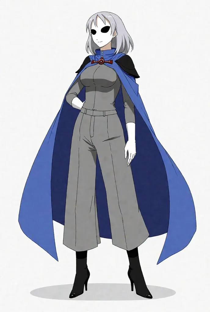 (1female, solo) faceless, white mask \(white face mask, black eyes/) grey hair, grey clothing bodysuit, open wide trousers pants, pants touch boots, white gloves, black heels boots, blue long cape, cape covering whole body, shoulders armors, cape touch the...