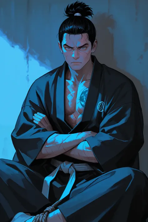 Solo Karate fighter man, sitting, black hair tied up, Gray eyes, and a tattoo on his chest, with his kimono open, and some scars on his face, the mood is right, serious expression, cold colors, black kimono, Arms crossed