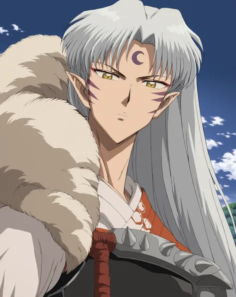 best quality, score_9, score_8_up, score_7_up, source_anime,
sesshomaru, sesshomaru, long hair, yellow eyes, white hair, male focus pointy ears, facial mark, crescent, forehead mark,
japanese clothes, armor, fur,
outdoors, landscape,
looking at viewer, dut...