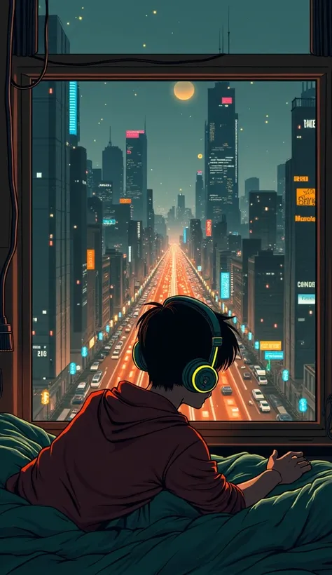 Anime illustration of a cyberpunk city street scene with full of neon lights, and futuristic buildings, featuring a young guy side profile listening to music from his bedroom seeing the city while lying on his bed . The atmosphere is vibrant and bustling w...