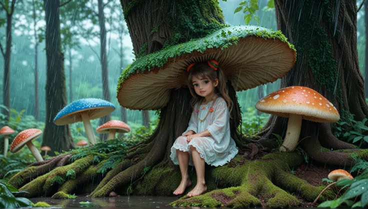 young girl sheltering under a giant mushroom sitting on the moss covered roots of a great big tree. (Raining, rain: 1.5)