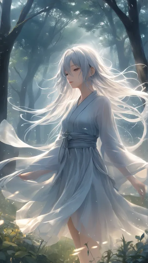 "A delicate and mysterious Japanese yokai named Kagerou-Shizuku. This yokai appears as an ethereal figure, a shimmering mirage of a woman draped in translucent, flowing robes that seem to dissolve into the air like mist. Her face is barely visible, hidden ...