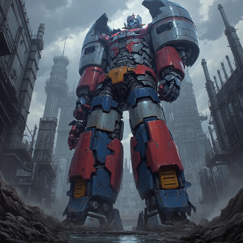  Modified Mazinger Z ,  Mazinger Z is 100 meters tall.   is built with modern materials such as steel ,   Carbon Fiber  ,   Other industrial elements are also visible  ,  Just like the real thing  ,   I'm standing in front of a tall tower where high voltag...