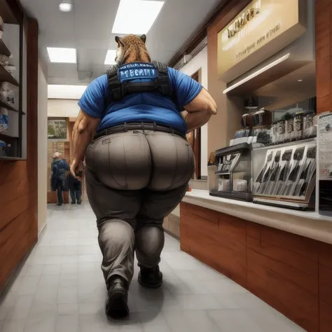 1 adult, male puma, he's fat, has a massive butt (bigger), fat arms and legs, is wearing a security uniform, pants, the puma is standing inside of a coffee store, is walking