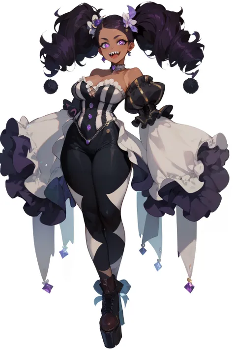 Dark tan girl, purple eyes, with swirl pupils, sharp teeth,