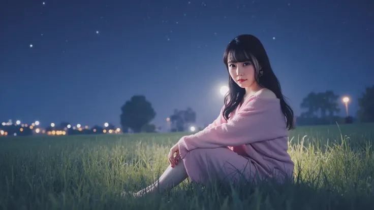 A cute Japanese woman sitting on a grassy field under a beautiful starry sky, wearing fluffy pink off shoulder. She is sitting with her knees bent, looking relaxed and peaceful. The atmosphere is serene, with soft glowing stars in the sky and a gentle bree...