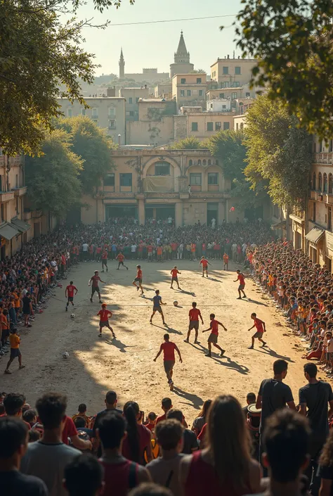 A football match in the middle of an old Arab neighborhood. The field is asphalt and the stadium is surrounded by people and trees