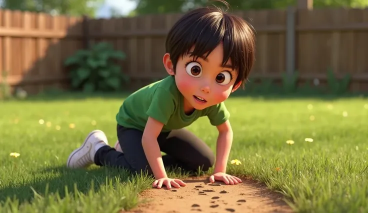 Nick, a  boy with straight dark brown hair falling over his eyes, fair skin, curious expression. He wears a green t-shirt, black pants and white sneakers. He's kneeling in the yard, watching tiny footprints glisten in the dirt with wide eyes. The backgroun...