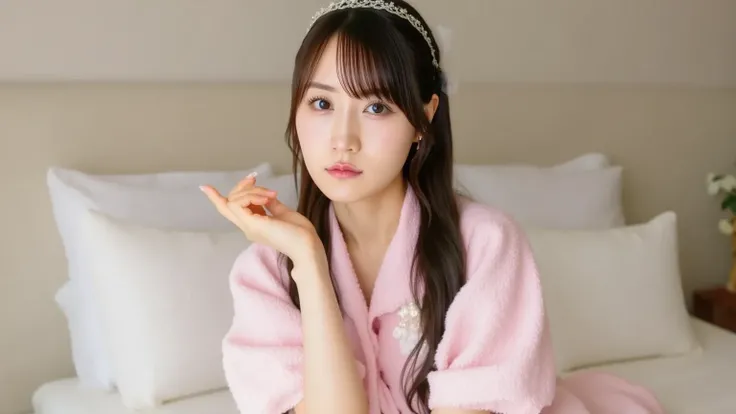 "Close-up image of a cute Japanese woman sitting on a bed with her knees bent, wearing fluffy pink pajamas. She has soft features and a gentle expression, with a focus on her face. The background shows a cozy bedroom with soft lighting, and her hair is sty...