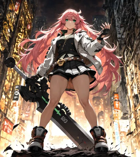 4K, Game's Magazine Cover, Guilty Gear strive Style, 1 girl, chains around her, extreme large Long Messy hair, rose Pink colored hair, big bosom, buxom, jacket (with impressive details), shirt, spiked belt (large),  skirt, undershorts, spiked boots, holdin...