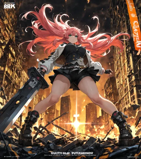 4K, Game's Magazine Cover, Guilty Gear strive Style, 1 girl, chains around her, extreme large Long Messy hair, rose Pink colored hair, big bosom, buxom, jacket (with impressive details), shirt, spiked belt (large),  skirt, undershorts, spiked boots, holdin...