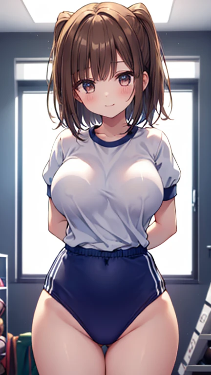 (masterpiece、highest quality、detail))、one girl、 brown  hair、twin tale,Naughty smile、、((big breast))、(( gym uniform at the sports square))、 location is bedroom 、 she is standing on   front and butt facing the viewer、Short sleeve、she is fixing bloomers,((Thi...