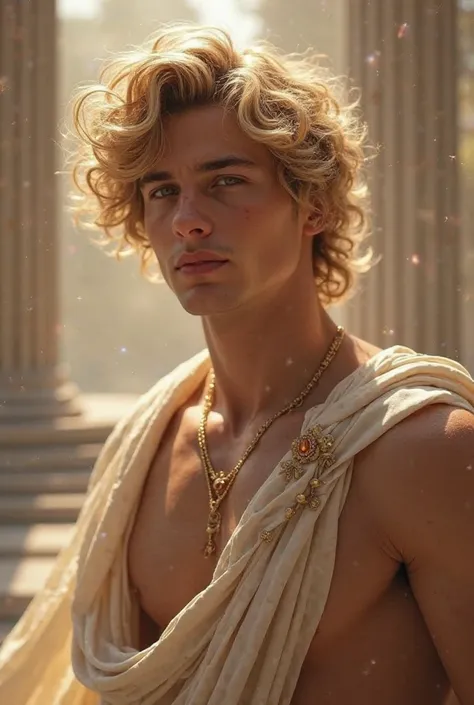 A very young, handsome Greek god with curly golden hair, white skin, Flirty and rebellious like Aphrodite 