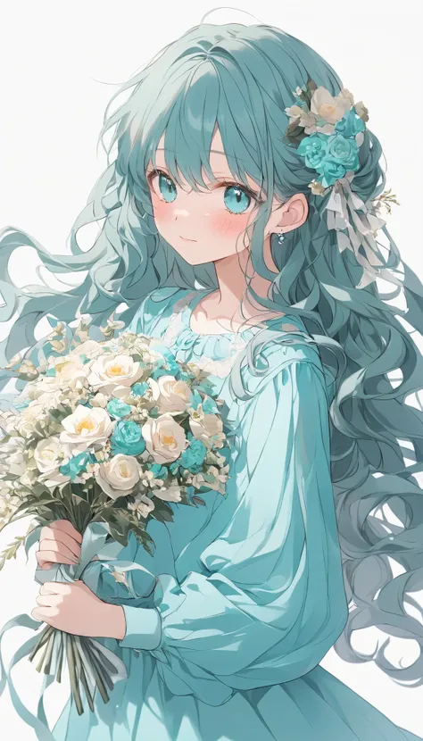 Cute girl, blush, holding bouquet of flowers, wavy long hair, turquoise clothes, turquoise blouse 