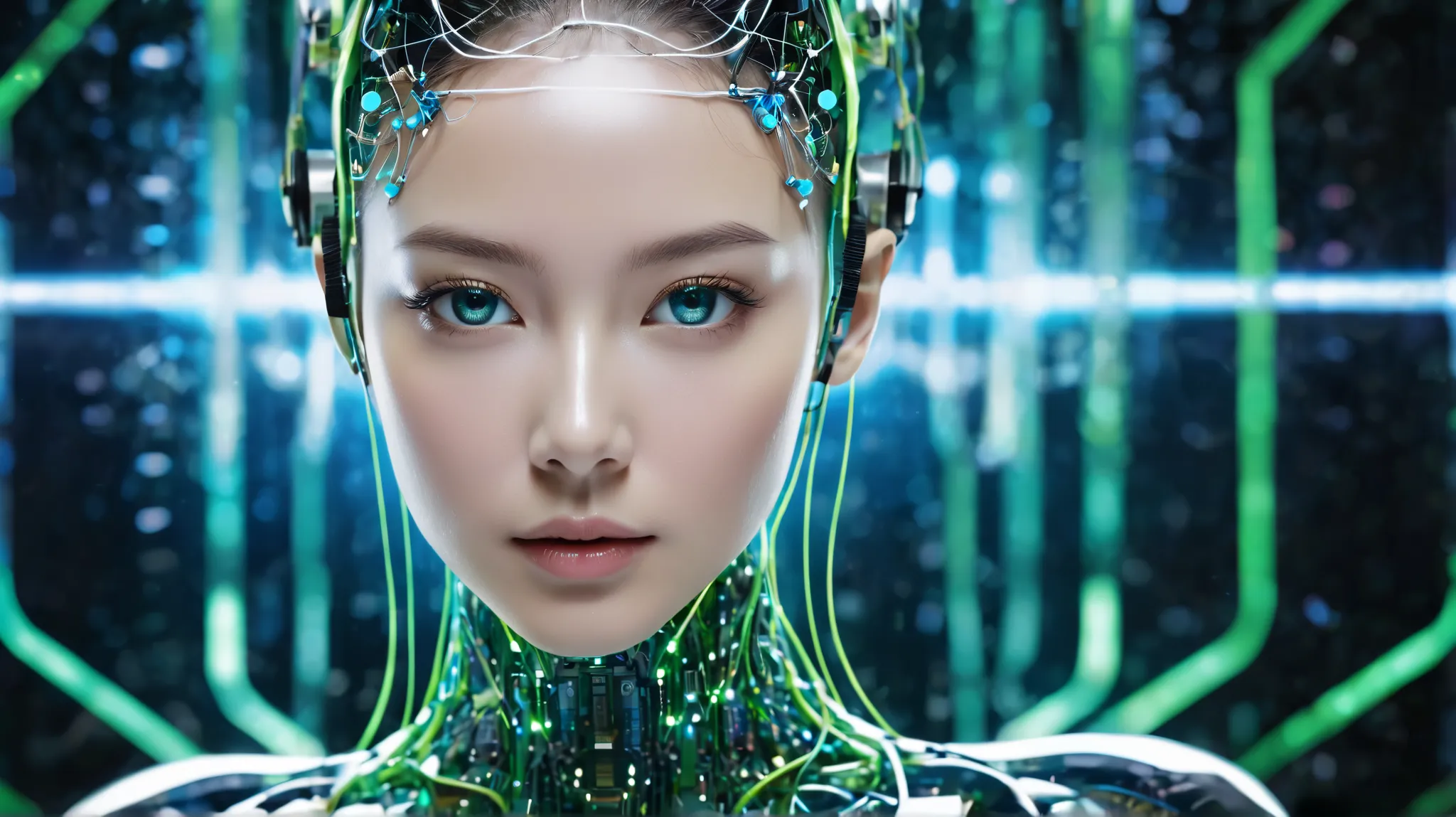 Visual Representation of Artificial Intelligence (AI).   This image、it is、depicting a futuristic humanoid figure with elements of cybernetics and technology integrated into the design.。.  in the background 、it has a lattice-like structure of neural network...