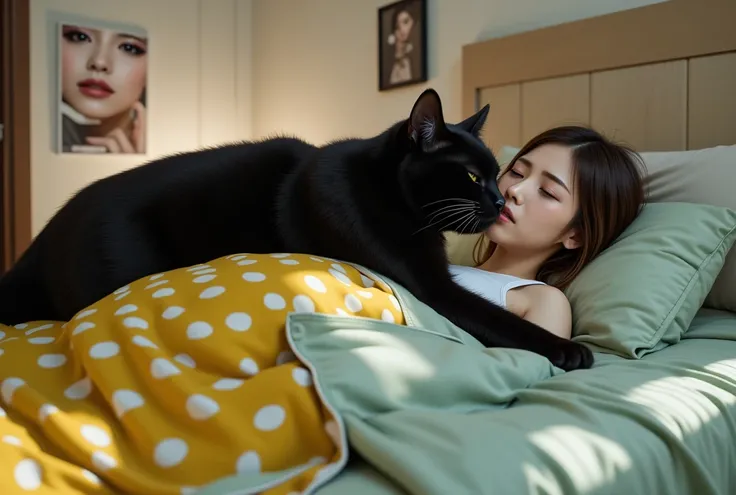 score_9,score_8_up,score_7_up,score_6_up,score_5_up,score_4_up,source_real photo,Ultra-realistic,Photorealistic,Dramatic scene,Global illumination, A Japanese woman in her 20s sleeping in bed with her face exposed under the covers, a huge black cat sitting...