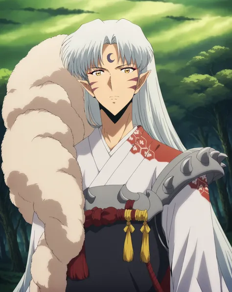 best quality, score_9, score_8_up, score_7_up, source_anime,
sesshomaru, sesshomaru, long hair, yellow eyes, white hair, male focus pointy ears, facial mark, crescent, forehead mark,
japanese clothes, armor, fur,
outdoors, landscape,
looking at viewer, dut...