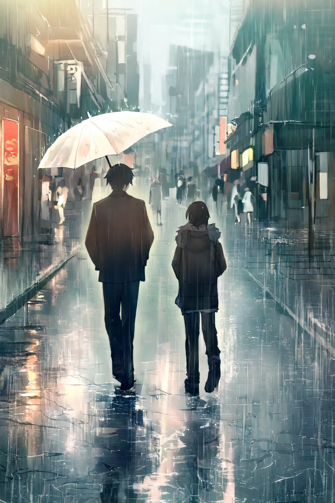  in the rain、the scene where two people who met under an umbrella smile and exchange conversations。Scenery of a city soaked in rain spreads out all around, and、Try to make them feel warm in their expressions。