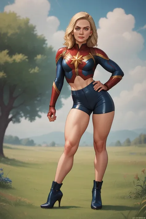 Brie Larson plays Captain Marvel,latex shorts, appearance with backside,25cm high heels,field growth