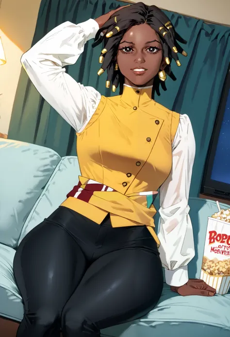 score_9, score_8_up, score_7_up, source_anime, castlevaniaannette, short hair, black hair, dark skin, black eyes, dark-skinned female, very dark skin, dreadlocks,, shirt, long sleeves, white shirt, belt, pants, vest, black pants, yellow vest,, living room,...