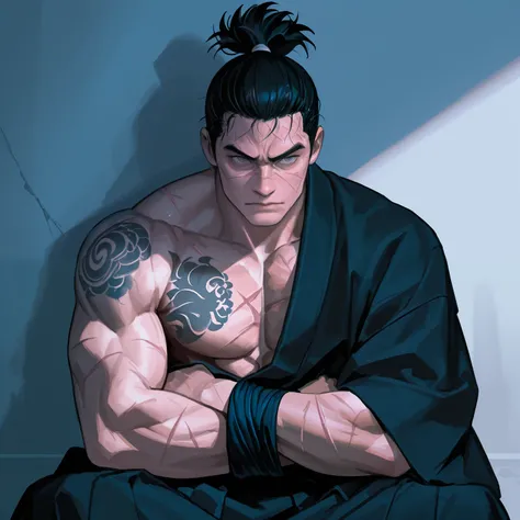 Solo Karate fighter man, sitting, black hair tied up, Gray eyes, and a tattoo on his chest, with his kimono open, and some scars on his face, the mood is right, serious expression, cold colors, black kimono, Arms crossed, muscles, soft smile 