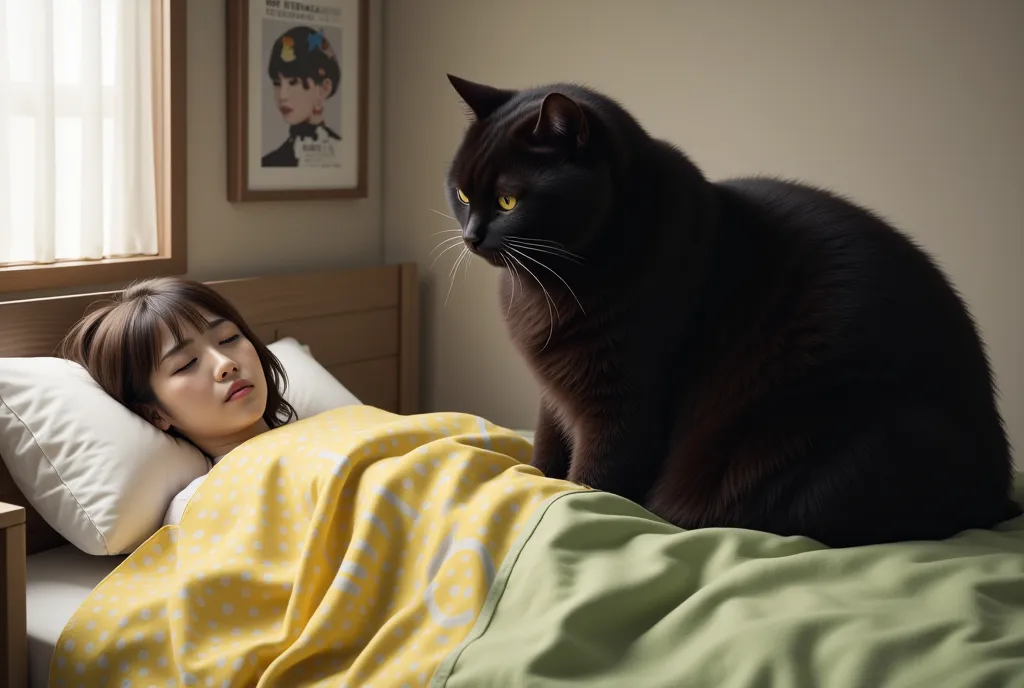 score_9,score_8_up,score_7_up,score_6_up,score_5_up,score_4_up,source_real photo,Ultra-realistic,Photorealistic,Dramatic scene,Global illumination, A Japanese woman in her 20s sleeping in bed with her face exposed under the covers, a huge black cat sitting...