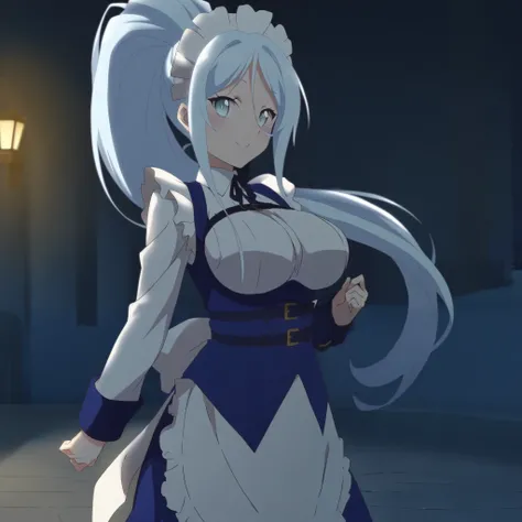sylpha_langlis, 1girl, solo, maid headdress, long hair, light blue eyes, maid, smile, blue hair, ponytail, apron, long sleeves, light blue hair, large breasts, looking at viewer, cowboy shot, dark alleyway background, night, (masterpiece),(best quality),(u...