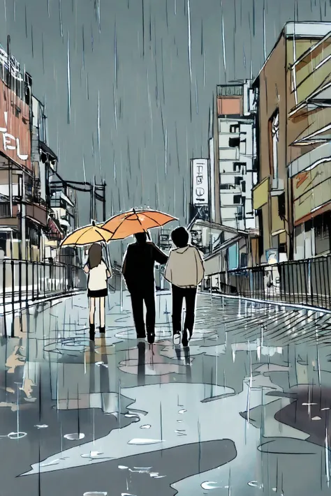  in the rain、the scene where two people who met under an umbrella smile and exchange conversations。Scenery of a city soaked in rain spreads out all around, and、Try to make them feel warm in their expressions。