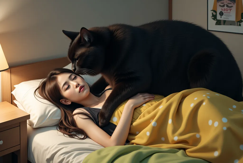 score_9,score_8_up,score_7_up,score_6_up,score_5_up,score_4_up,source_real photo, Ultra-realistic, Photorealistic, Dramatic scene, Global illumination, A Japanese woman in her 20s sleeping in bed with her face exposed under the covers, a huge black cat sit...