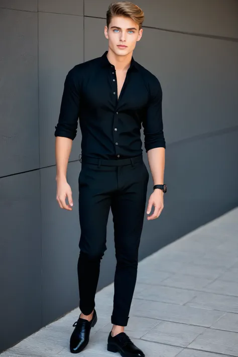 Handsome young guy having blue eyes wearing black shirt with open buttons  having sharp jawline wearing black pant and black shoes 