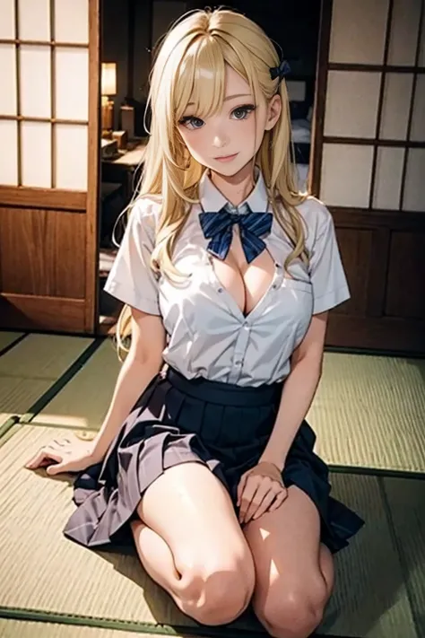  Japanese、 model、Blonde long hair、white shirt school uniform、 bow tie、 cleavage visible 、Holiday House、Japanese-style room