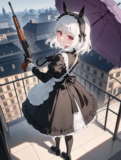 1 girl, Lolita, Umbrella, Roof of Building, Just look back, umbrella, Remington Model 870, red_Eyes,  alone, t tall talls, glove, smilehold, white_hair, tooth, purple Umbrella, hold_Umbrella , smile, black_t tall talls, medium_hair,  horse face, black_glov...