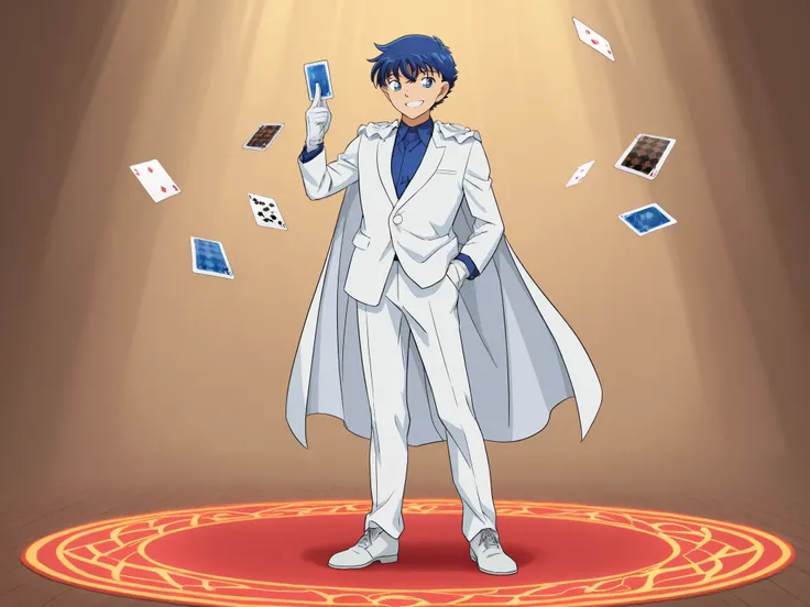 1boy, solo, kaito , magic show, white pigeons, smile, full body,  He shows a trick, cards fly, white pigeons fly. 